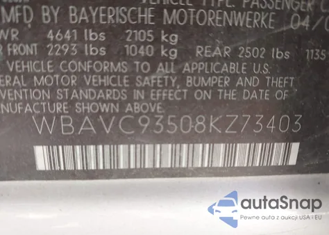 2008 BMW 328Xi z USA, uszkodzony, nr VIN WBAVC93508KZ73403